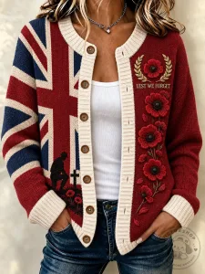 Lest We Forget Remembrance Day British Flag Poppy Flower Cardigan Sweater
