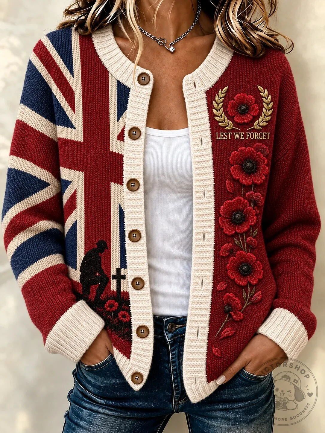 Lest We Forget Remembrance Day British Flag Poppy Flower Cardigan Sweater