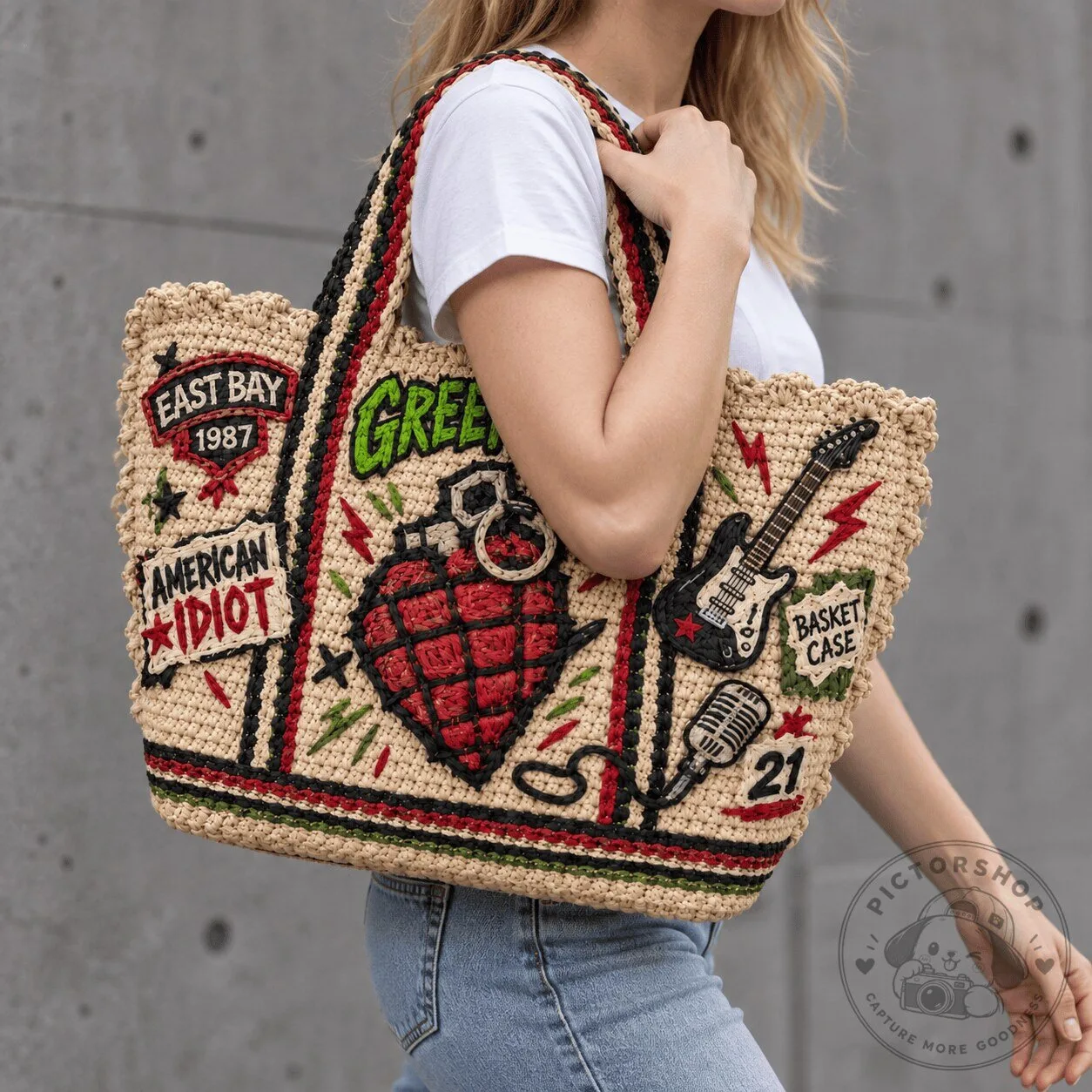 Green Day American Idiot Straw Style Embellished Tote Bag