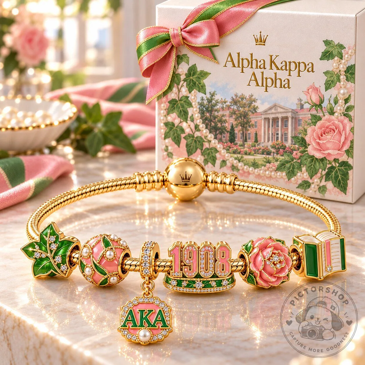 Alpha Kappa Alpha Sorority Gold Charm Bracelet Set with Pink and Green Accents