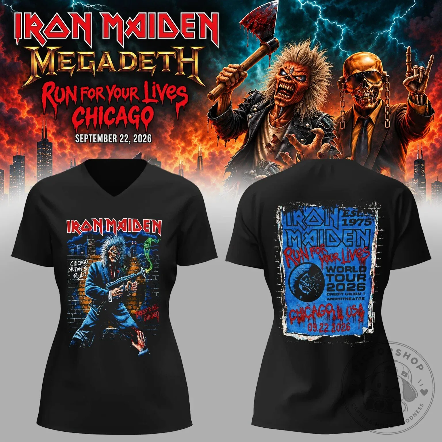 Chicago V-Neck T-Shirt for Iron Maiden & Megadeth Run For Your Lives World Tour 2026