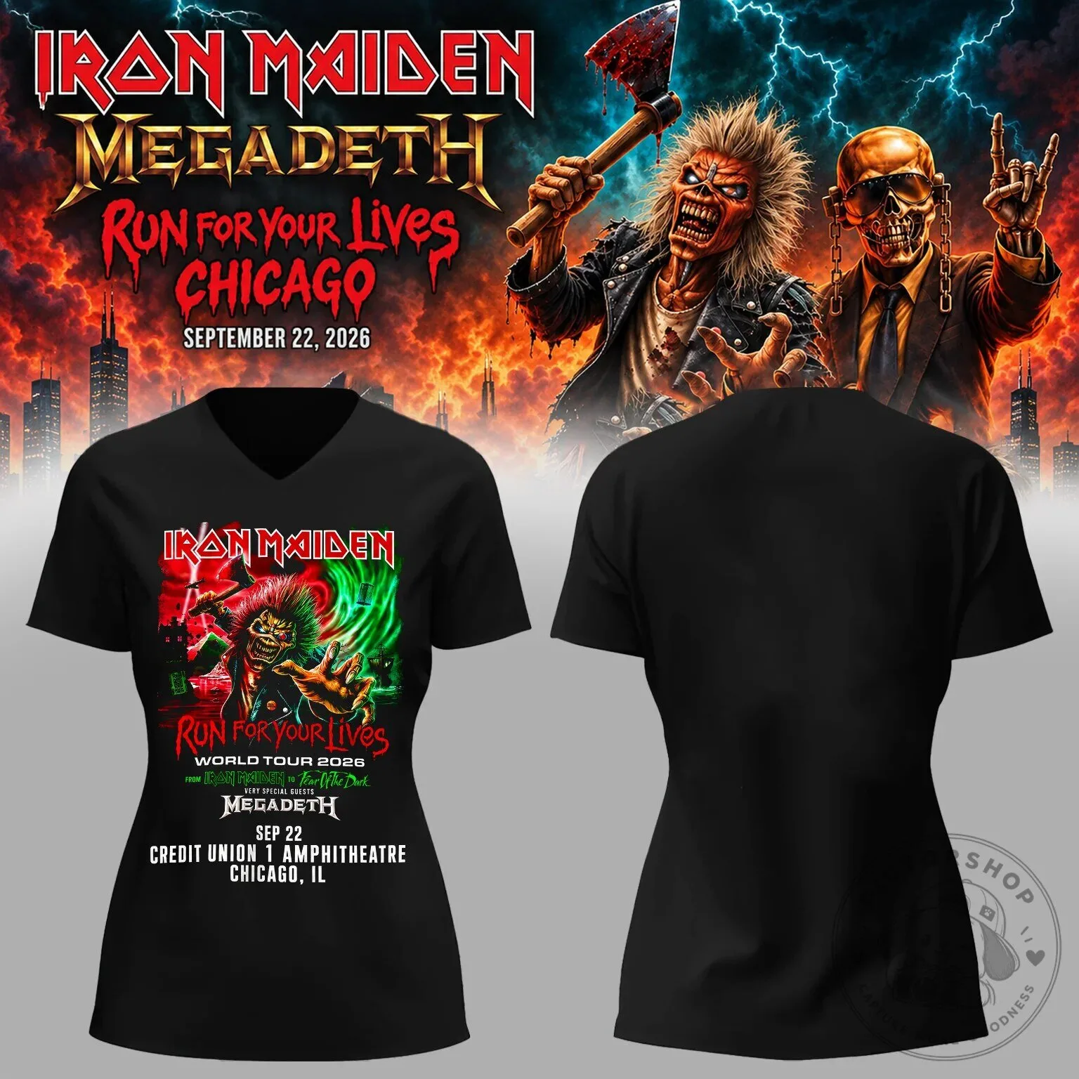 Iron Maiden and Megadeth Run For Your Lives World Tour 2026 Chicago V-Neck T-Shirt