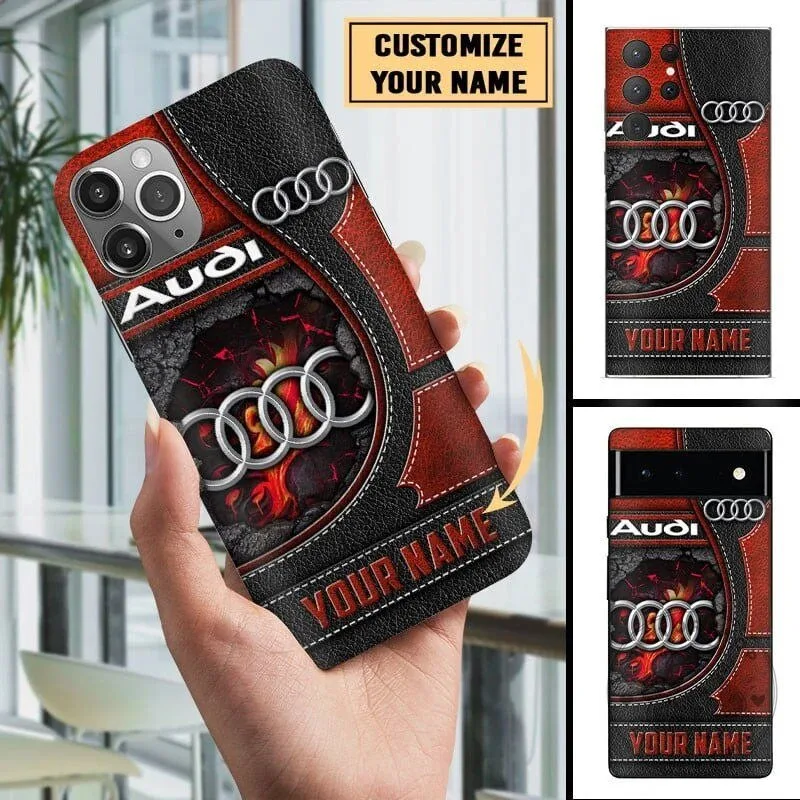 Personalized Audi Car Logo Red and Black Leather Texture Phone Case