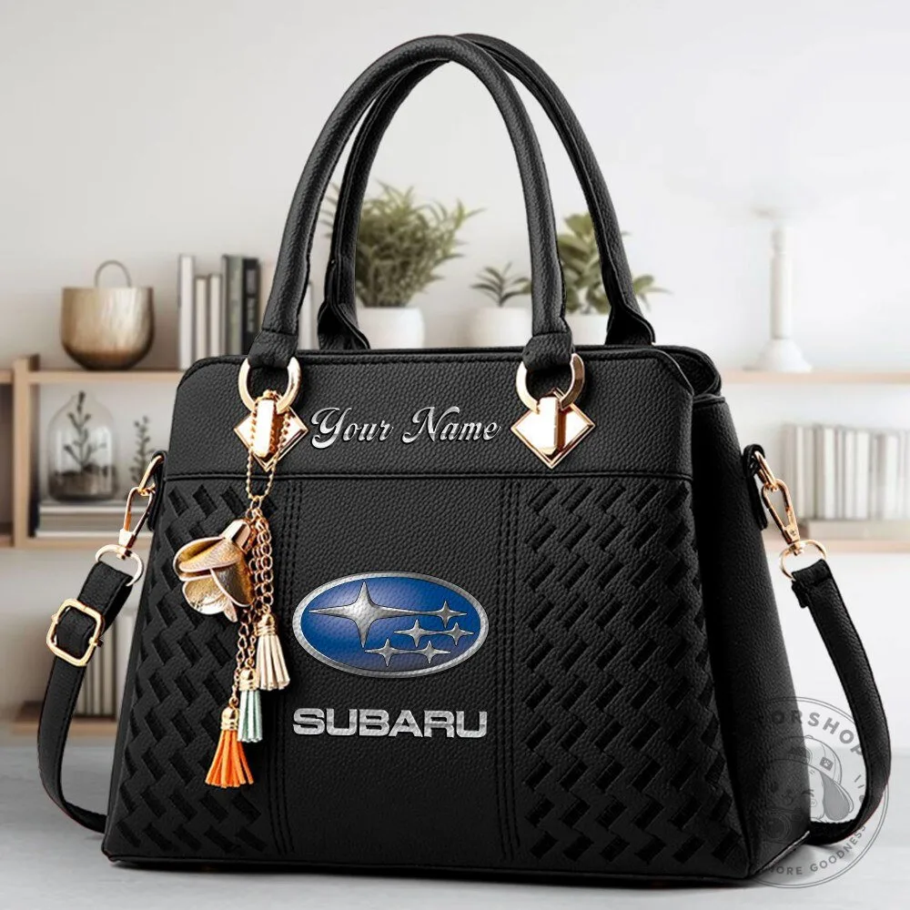 Subaru Car Logo Personalized Black Leather Handbag