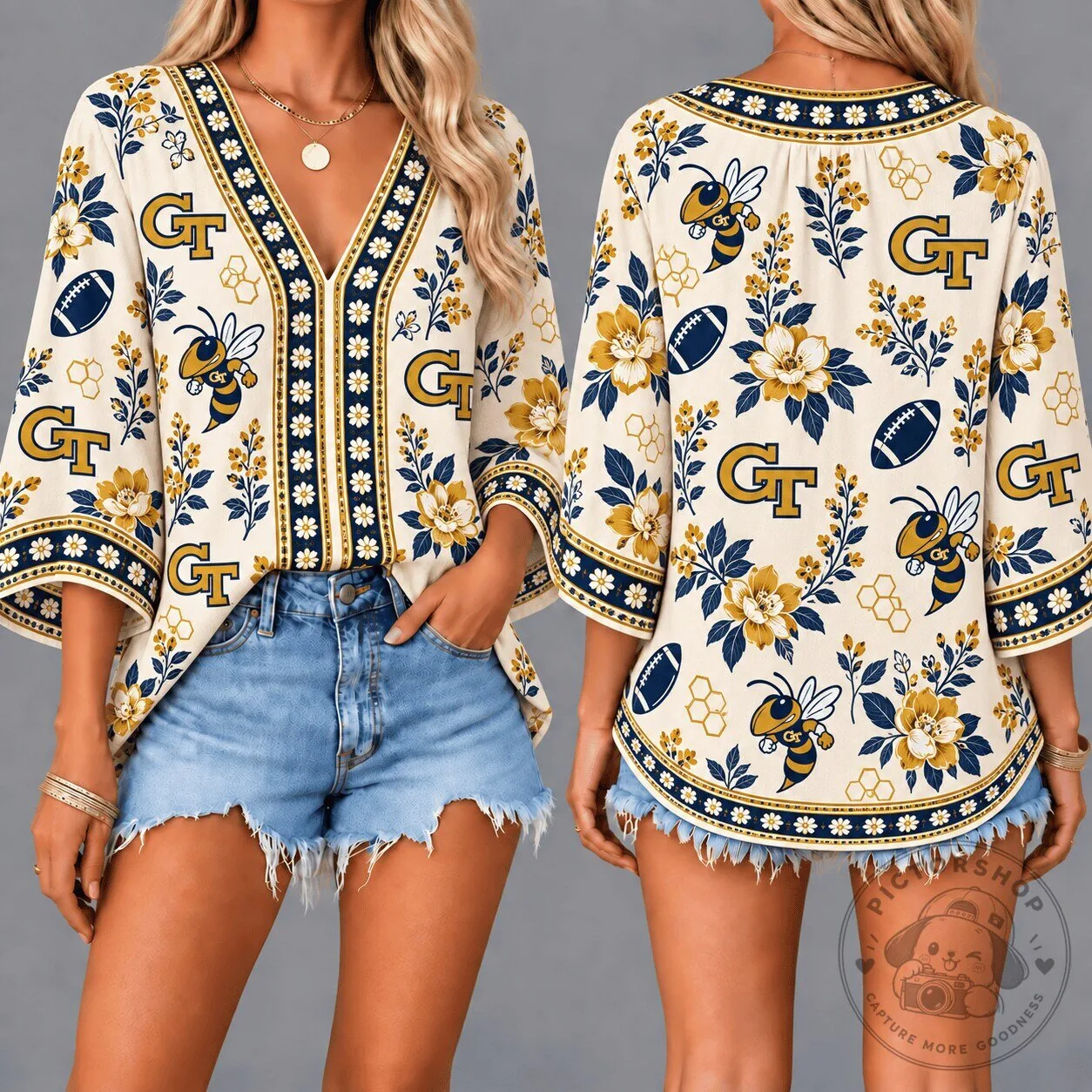 Georgia Tech Yellow Jackets Football Floral Boho V-Neck Blouse Top