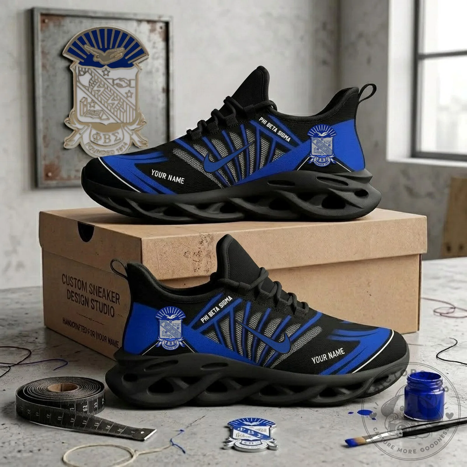 Phi Beta Sigma Fraternity Royal Blue Black Custom Name Running Shoes