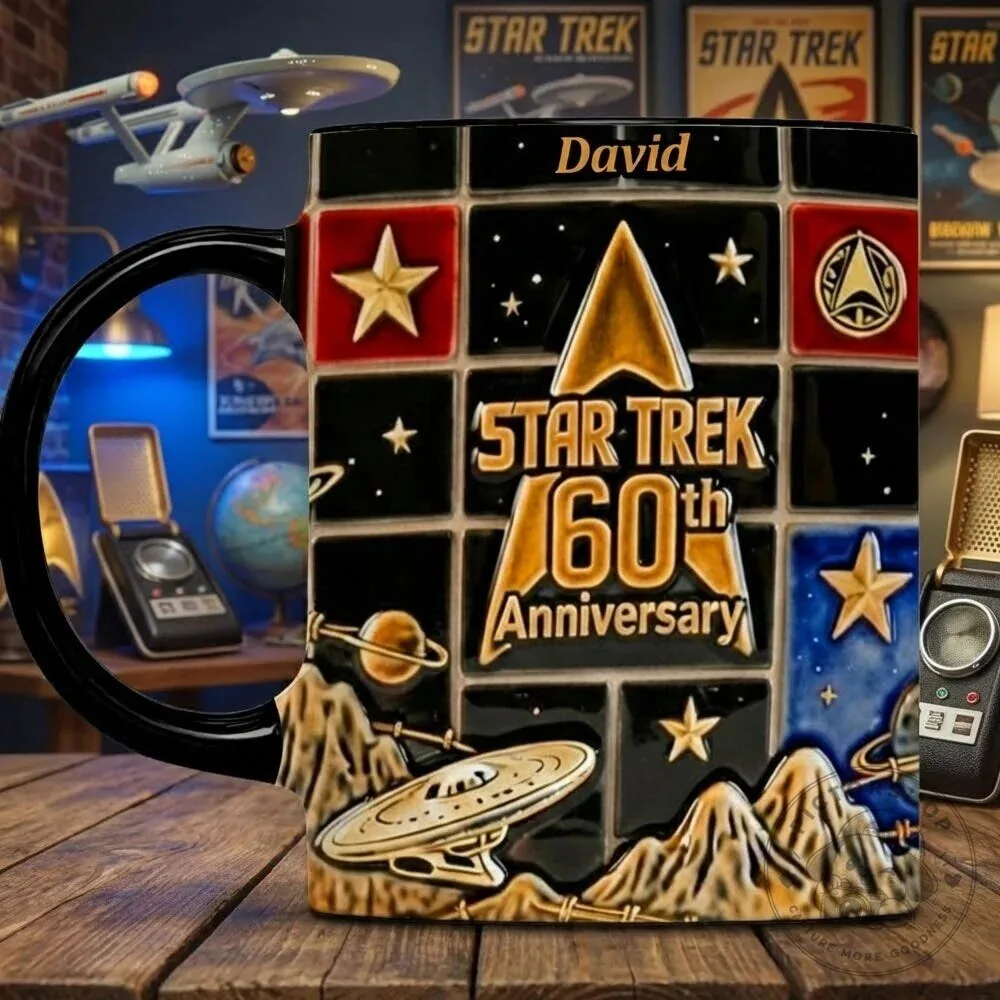 Star Trek 60th Anniversary Personalized Black Handle Coffee Mug