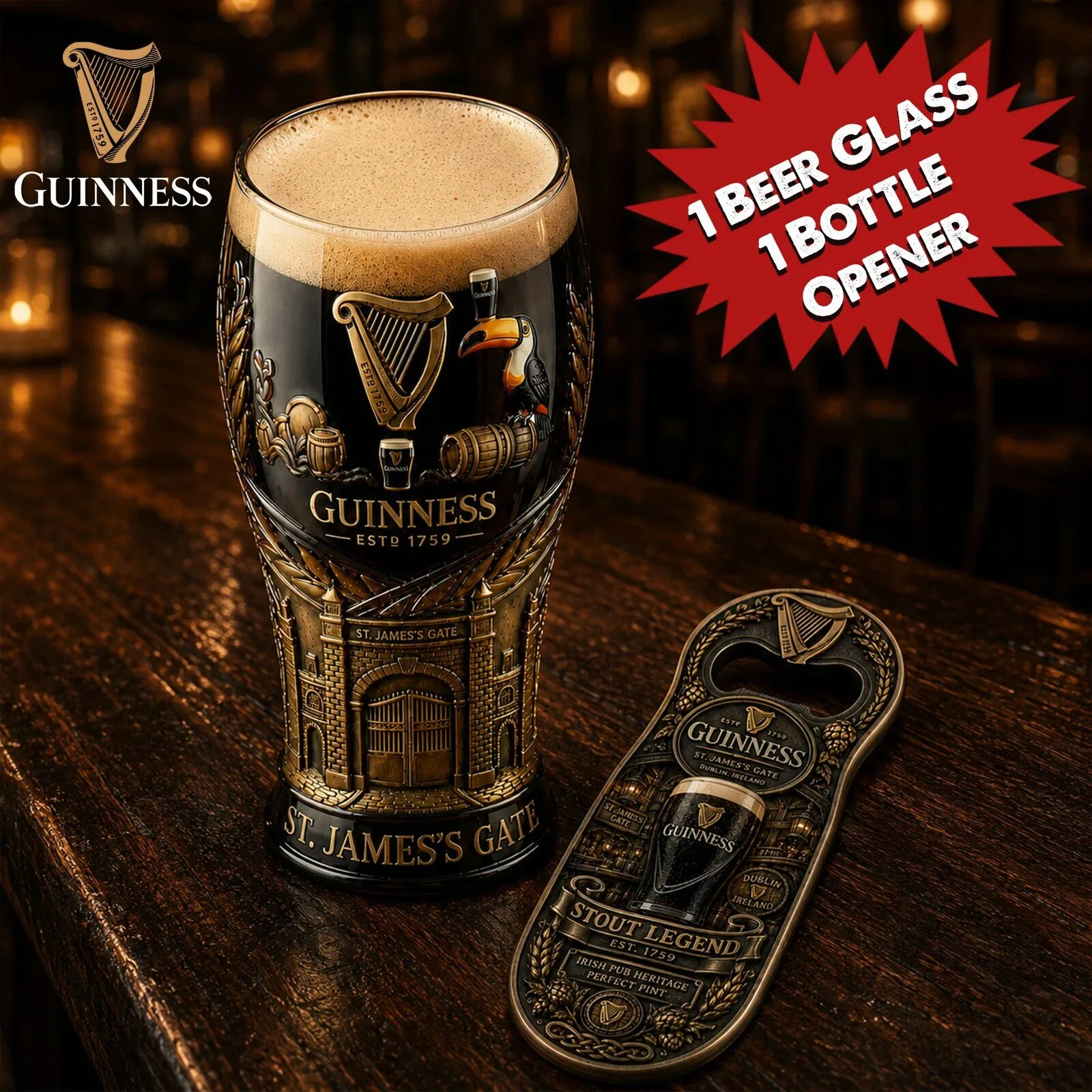 Guinness St James's Gate Beer Glass and Bottle Opener Set