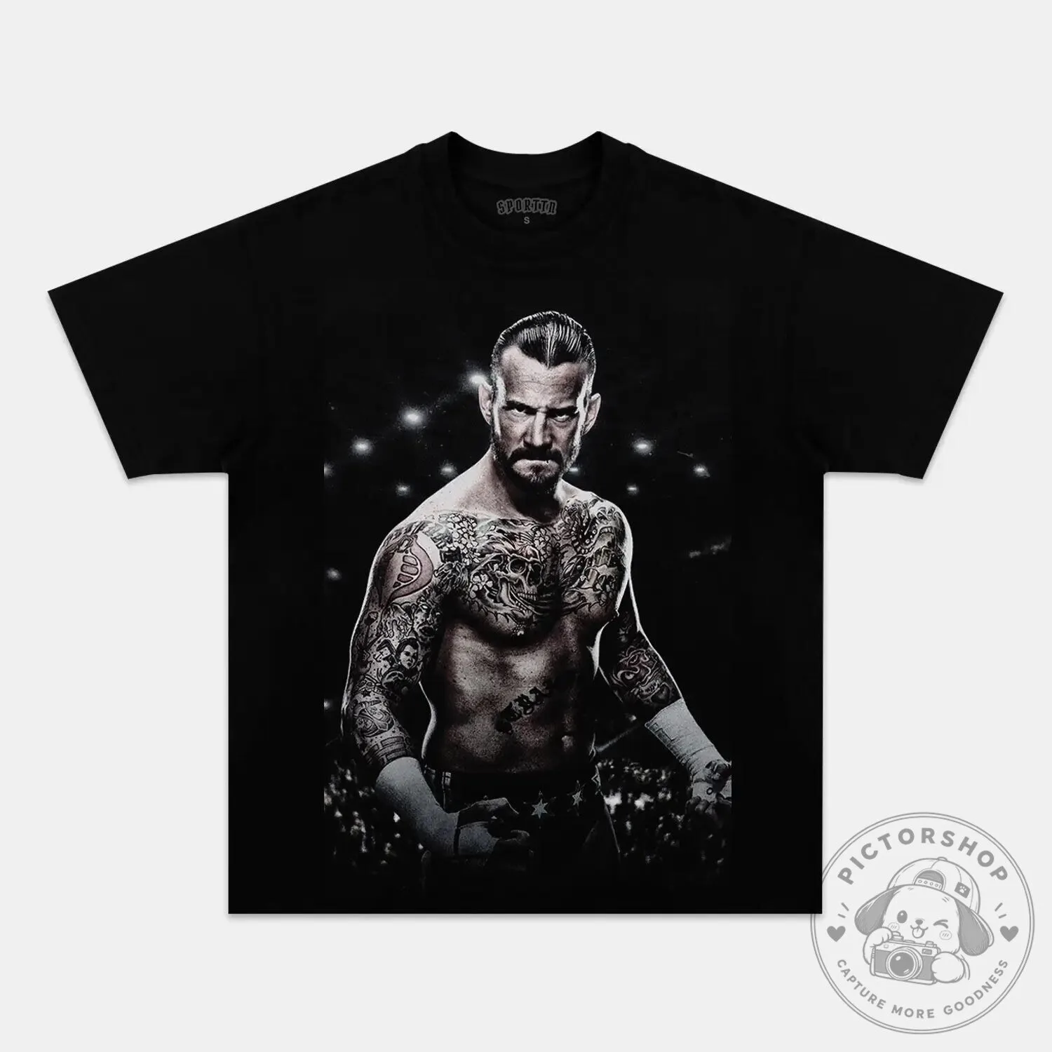 Black Graphic T-Shirt featuring Professional Wrestler CM Punk