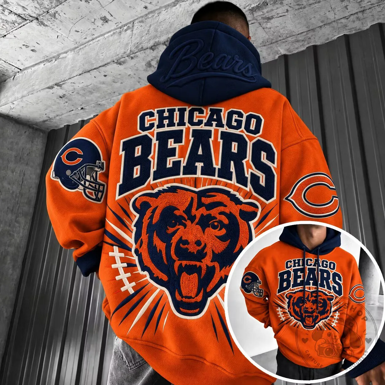 Chicago Bears NFL Football Team Logo Orange and Navy Blue Hoodie for Men