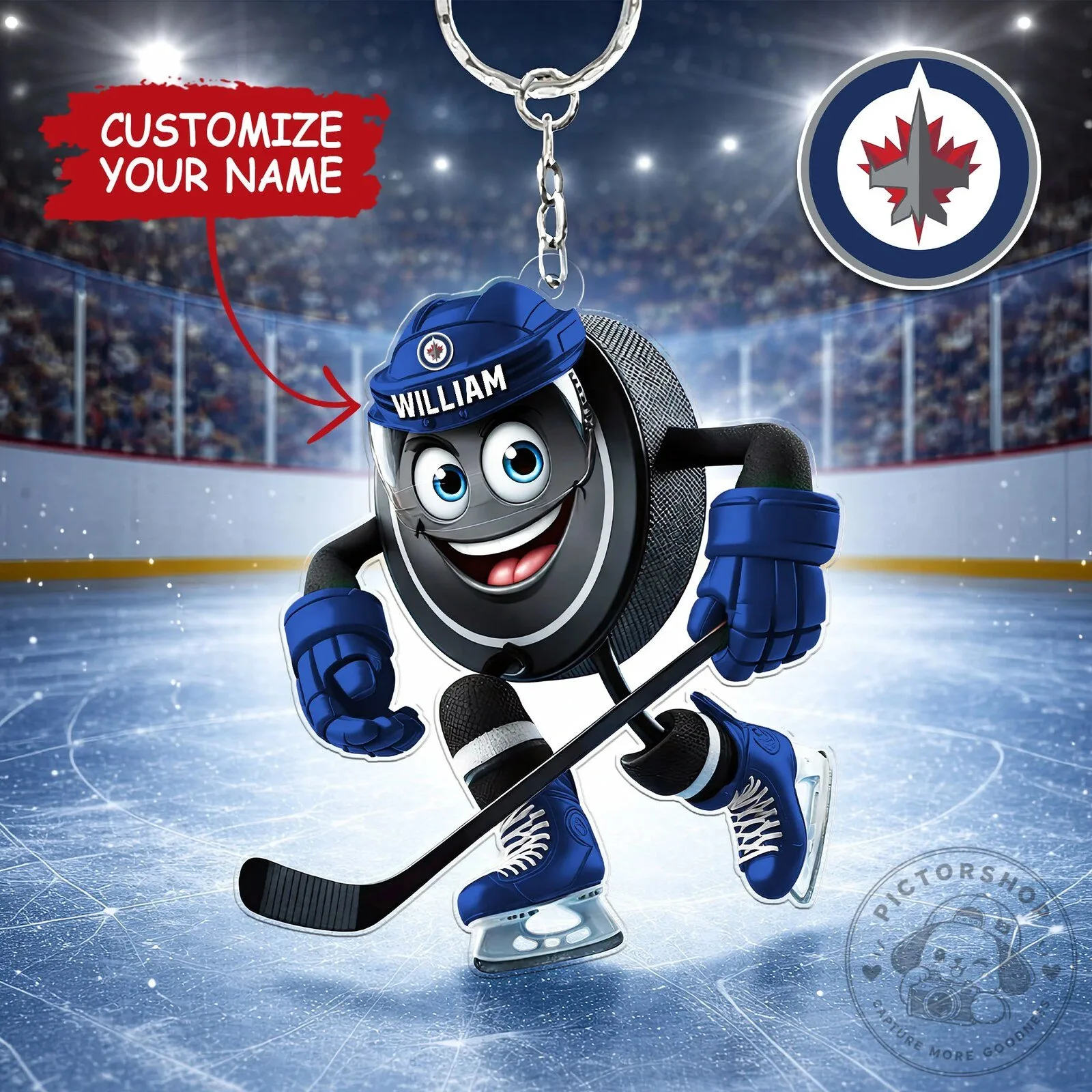 Winnipeg Jets Personalized Hockey Puck Character Keychain with Custom Name