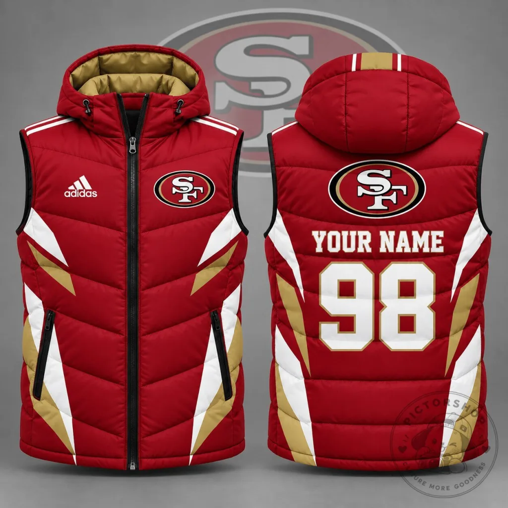 San Francisco 49ers Personalized Red and Gold Puffer Vest with Hood 22 San Francisco 49ers Personalized Red and Gold Puffer Vest with Hood