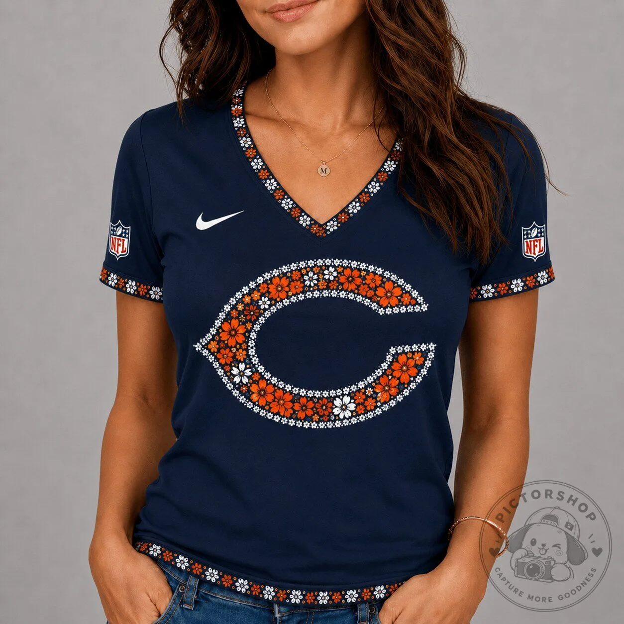 Chicago Bears Floral Logo V-Neck National Football League Women's T-Shirt