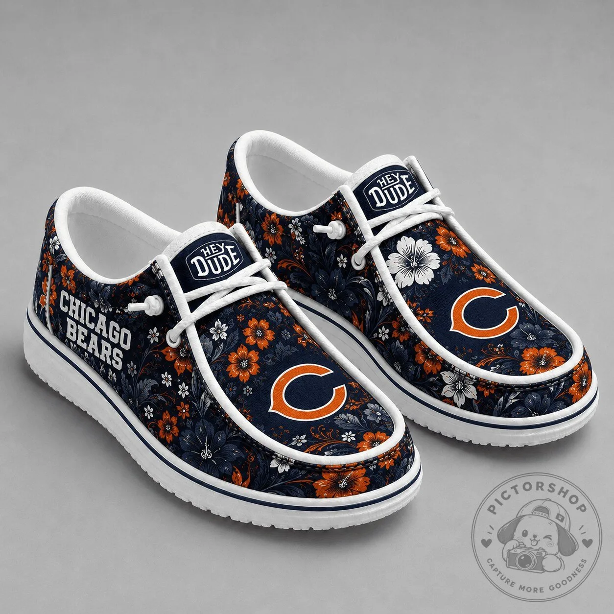 Navy Blue Loafer Shoes with Floral Design for Men and Women - Chicago Bears NFL Team