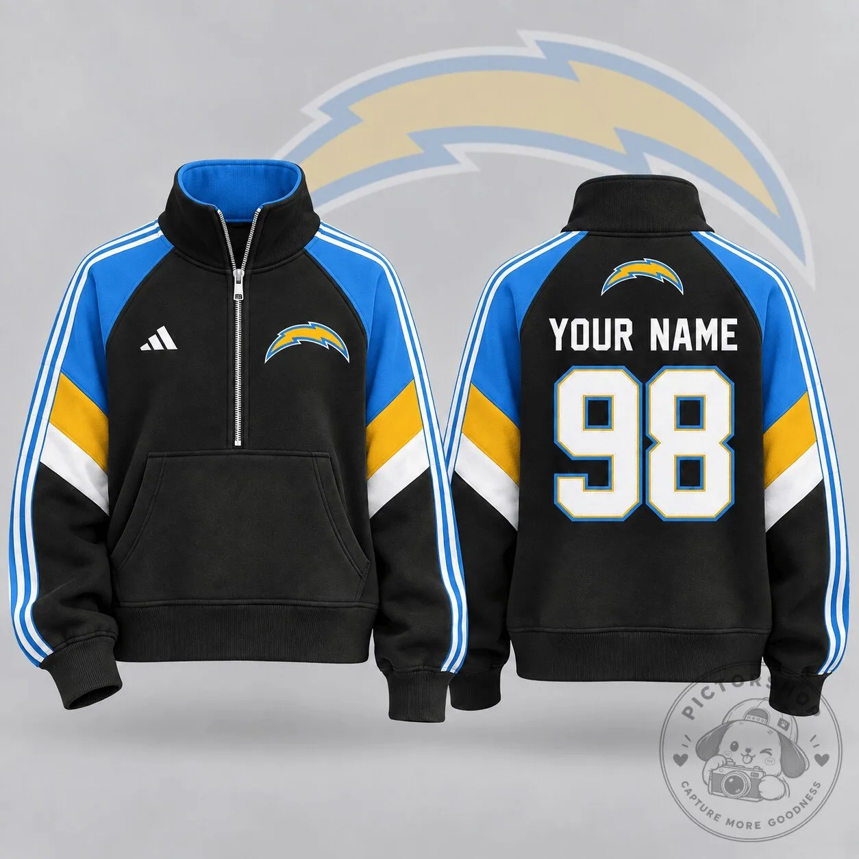Los Angeles Chargers NFL Team Crest Custom Name Number Quarter Zip Pullover Hoodie