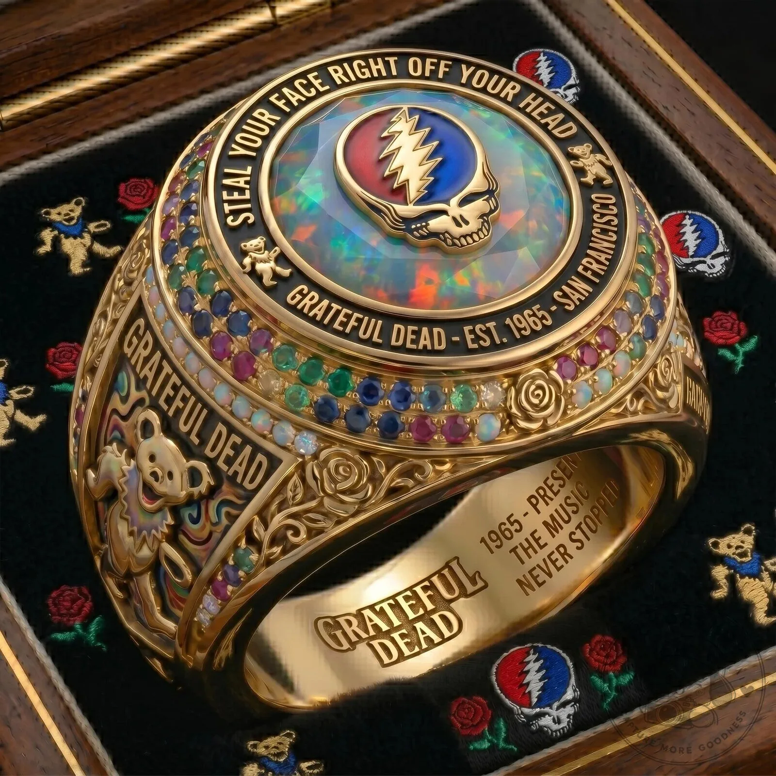 Grateful Dead Steal Your Face Skull Gold Ring with Gemstones