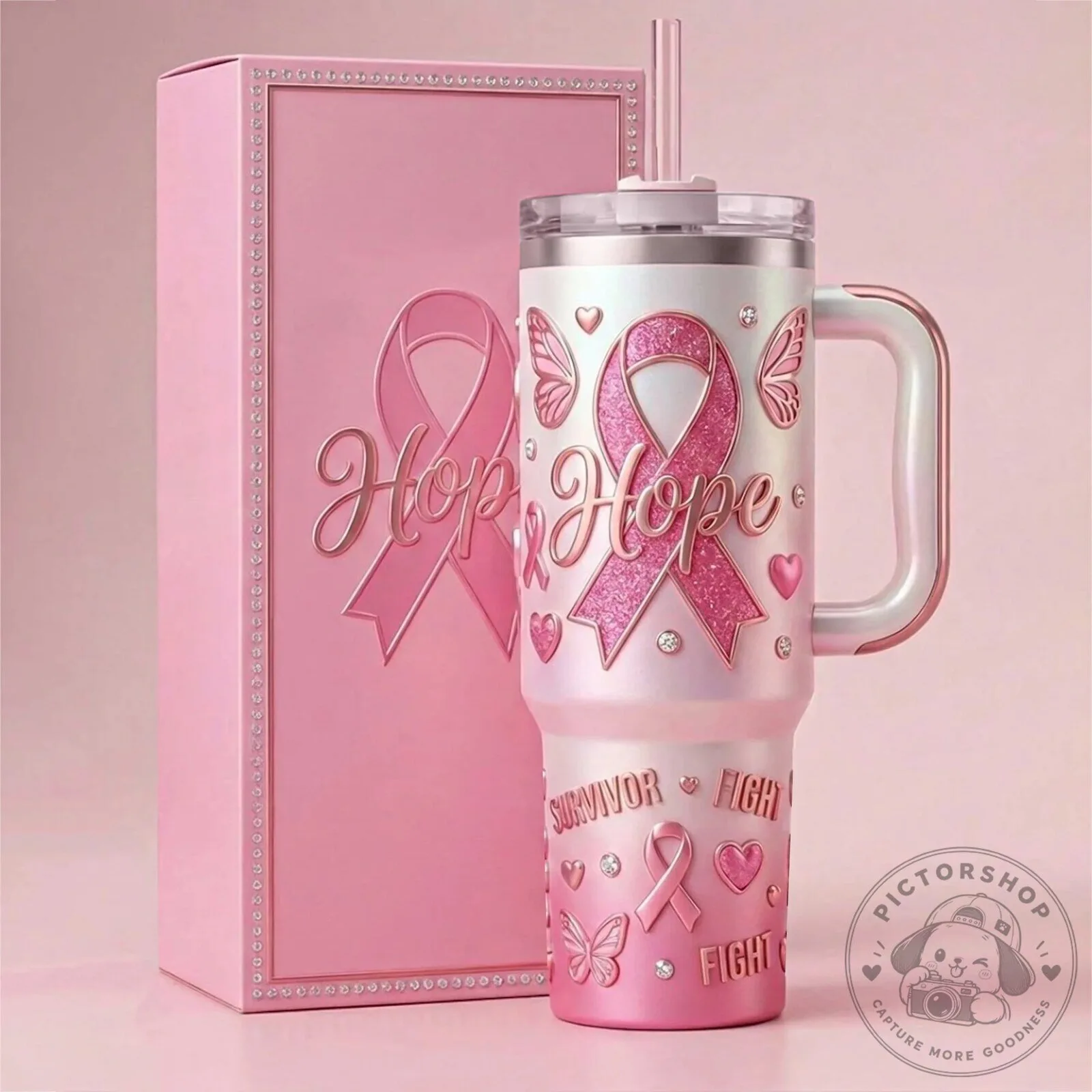Breast Cancer Awareness Hope Survivor Pink Ribbon Tumbler with Handle