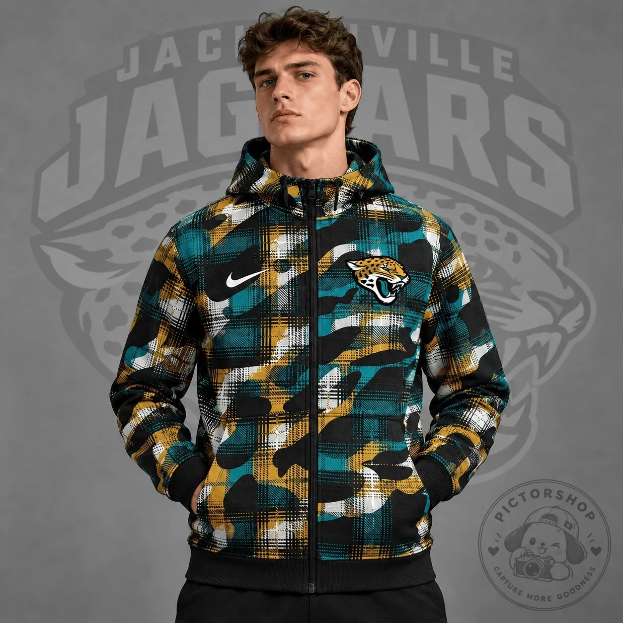 Jacksonville Jaguars Plaid Camouflage Full Zip Hoodie for Men