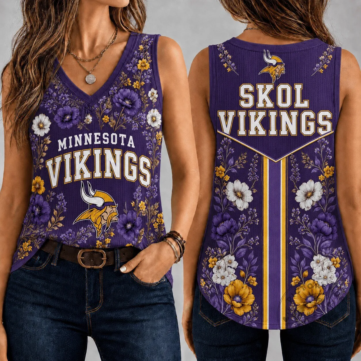 Women's V-Neck Tank Top for Game Day with Vintage Floral Design - Minnesota Vikings