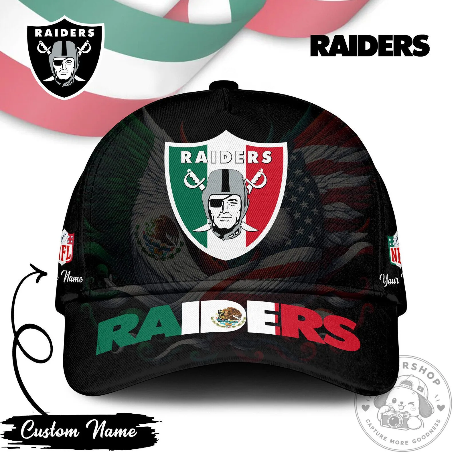 Las Vegas Raiders Mexican Flag NFL Football Custom Name Cap Hat