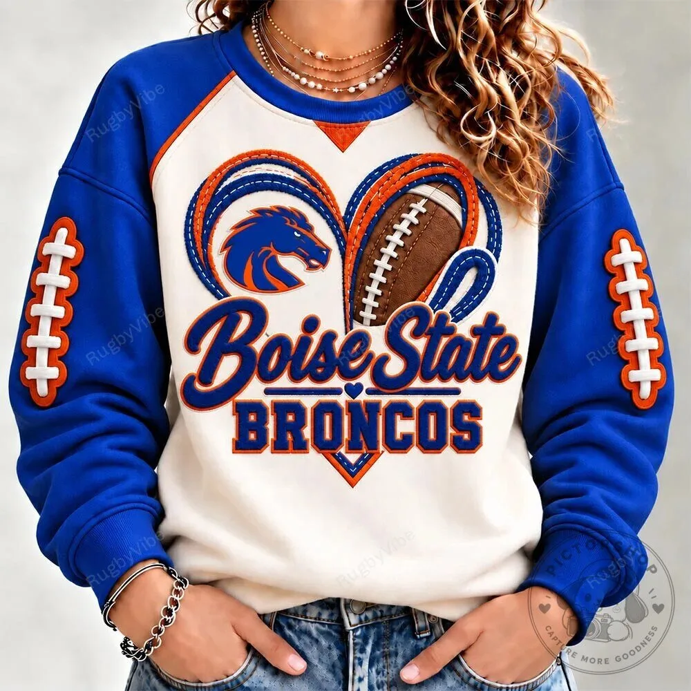 Boise State Broncos Football Heart Logo White and Blue Crewneck Sweatshirt