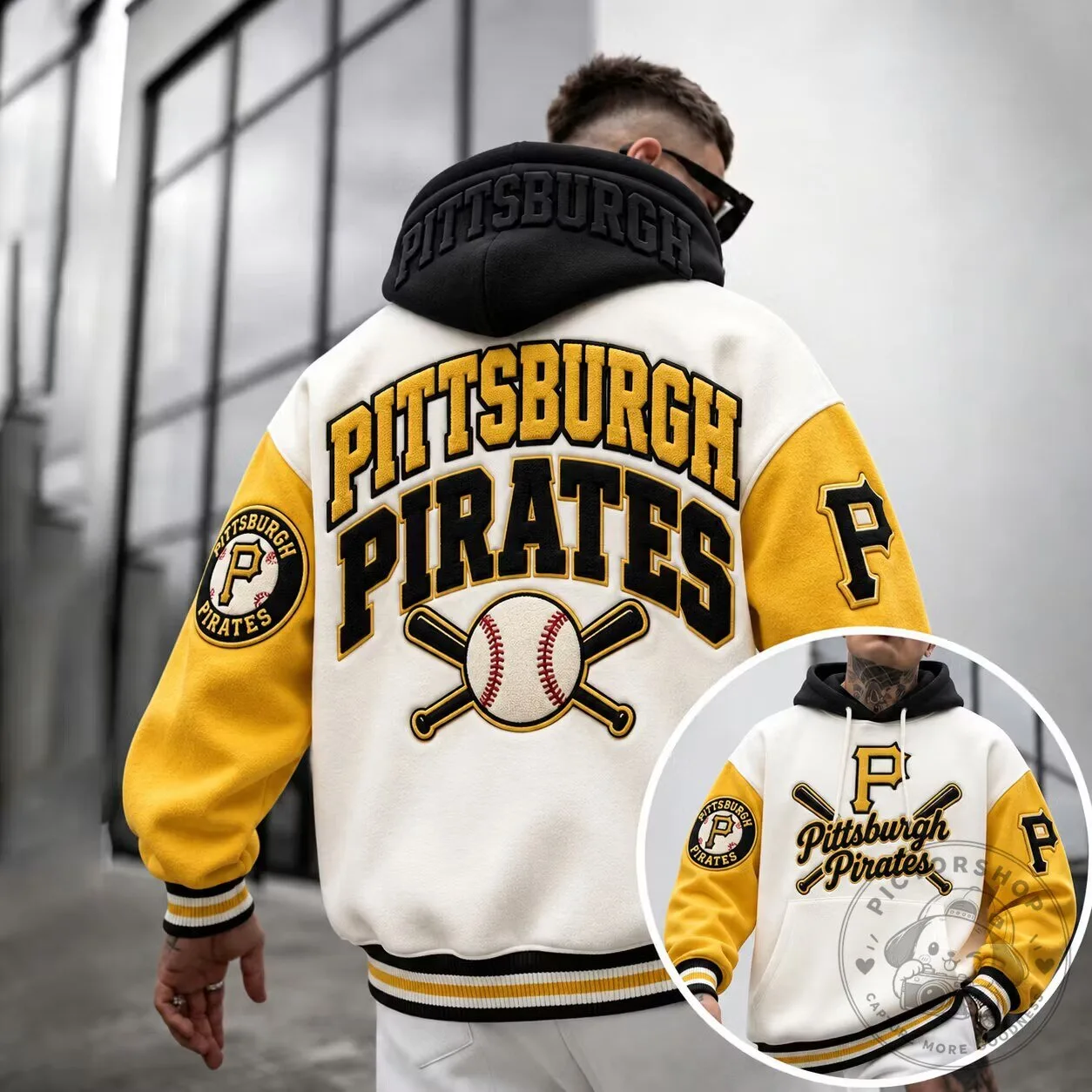 Pittsburgh Pirates Baseball Team Yellow and White Varsity Jacket with Hoodie 2 Pittsburgh Pirates Baseball Team Yellow and White Varsity Jacket with Hoodie