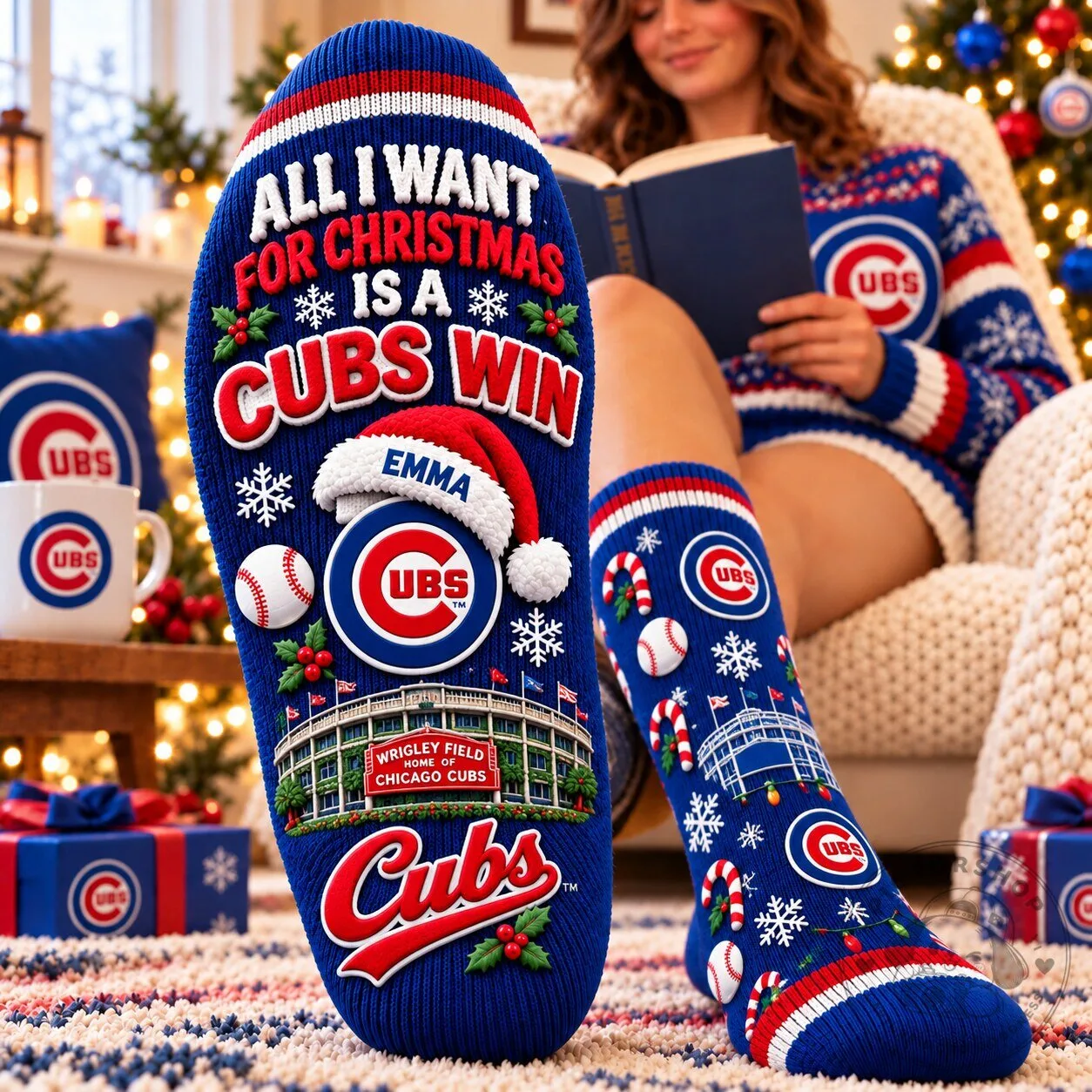 Chicago Cubs All I Want For Christmas Is A Cubs Win Custom Name Holiday Socks