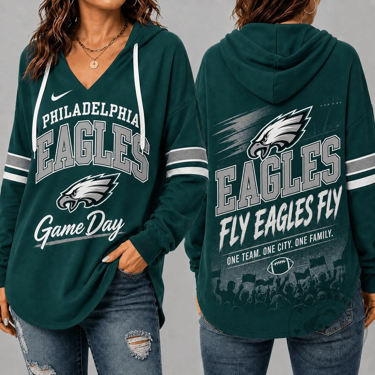 Philadelphia Eagles Game Day Fly Eagles Fly Women's V-Neck Hoodie