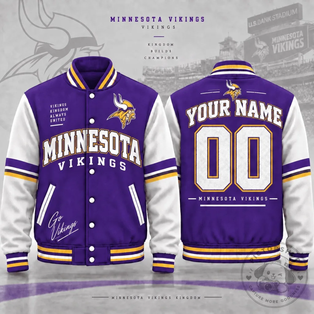 Purple and White Minnesota Vikings Varsity Jacket with Custom Name and Number Purple and White Minnesota Vikings Varsity Jacket with Custom Name and Number