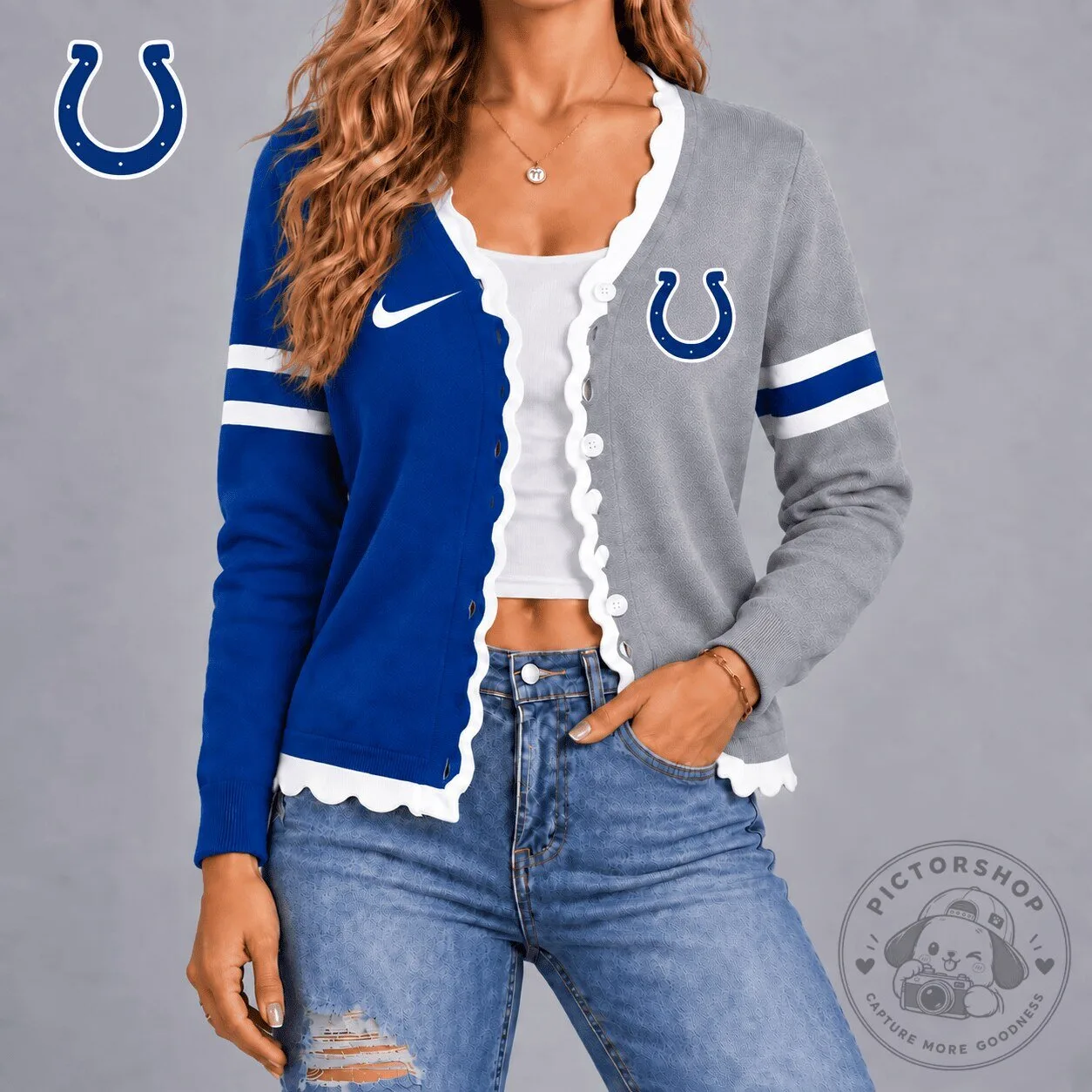 Indianapolis Colts Women's Split Color Varsity Stripe Button Cardigan