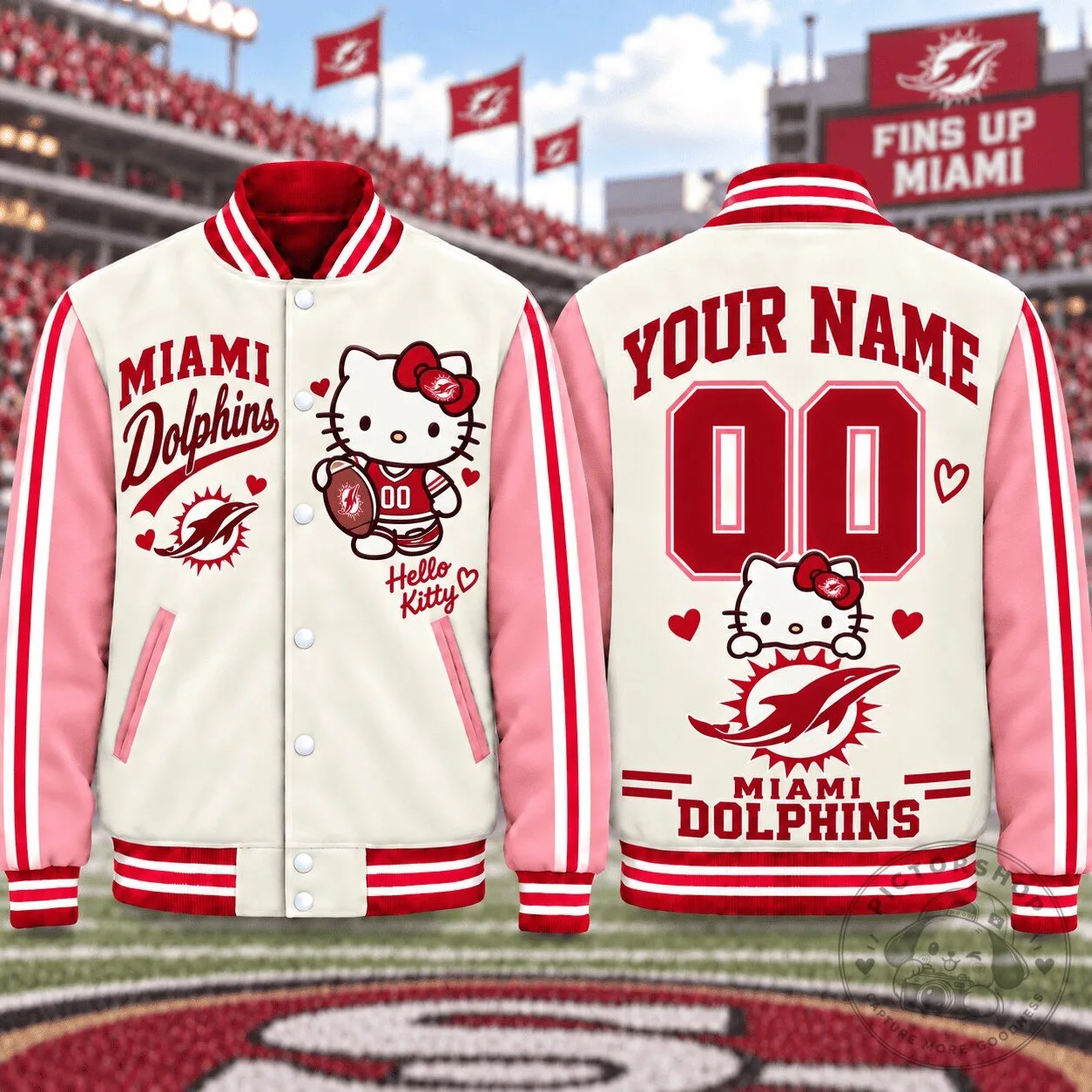 Personalized Varsity Jacket with Miami Dolphins and Hello Kitty Name & Number