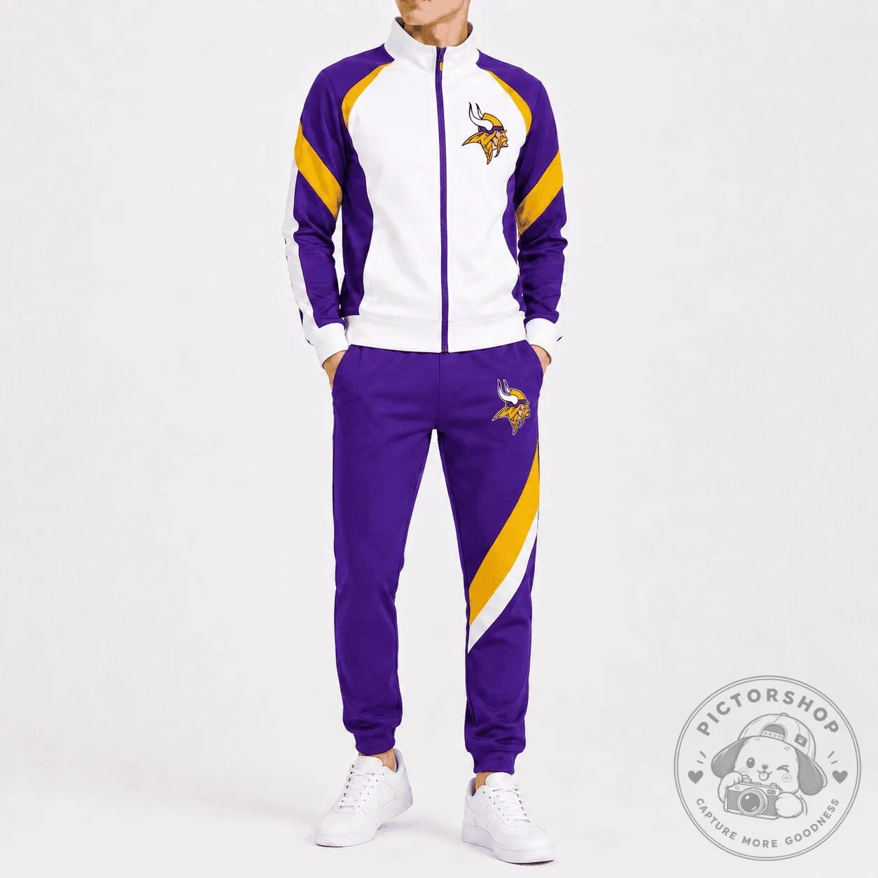 Minnesota Vikings NFL Team Logo White and Purple Tracksuit Jacket and Pants Set