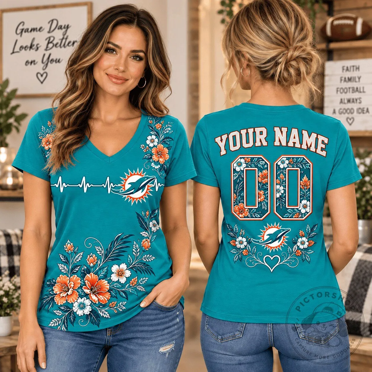 Miami Dolphins Personalized Floral V-Neck T-Shirt for Women Football Fan
