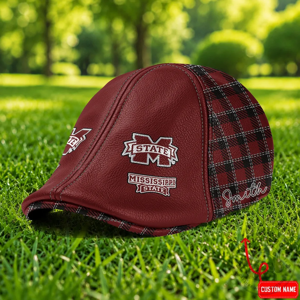 Mississippi State Bulldogs Custom Name Plaid Leather Flat Cap Mississippi State Bulldogs Custom Name Plaid Leather Flat Cap