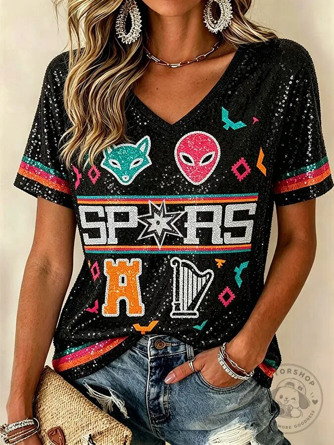 Sequin Spurs Design T-Shirt for Women Basketball Fans