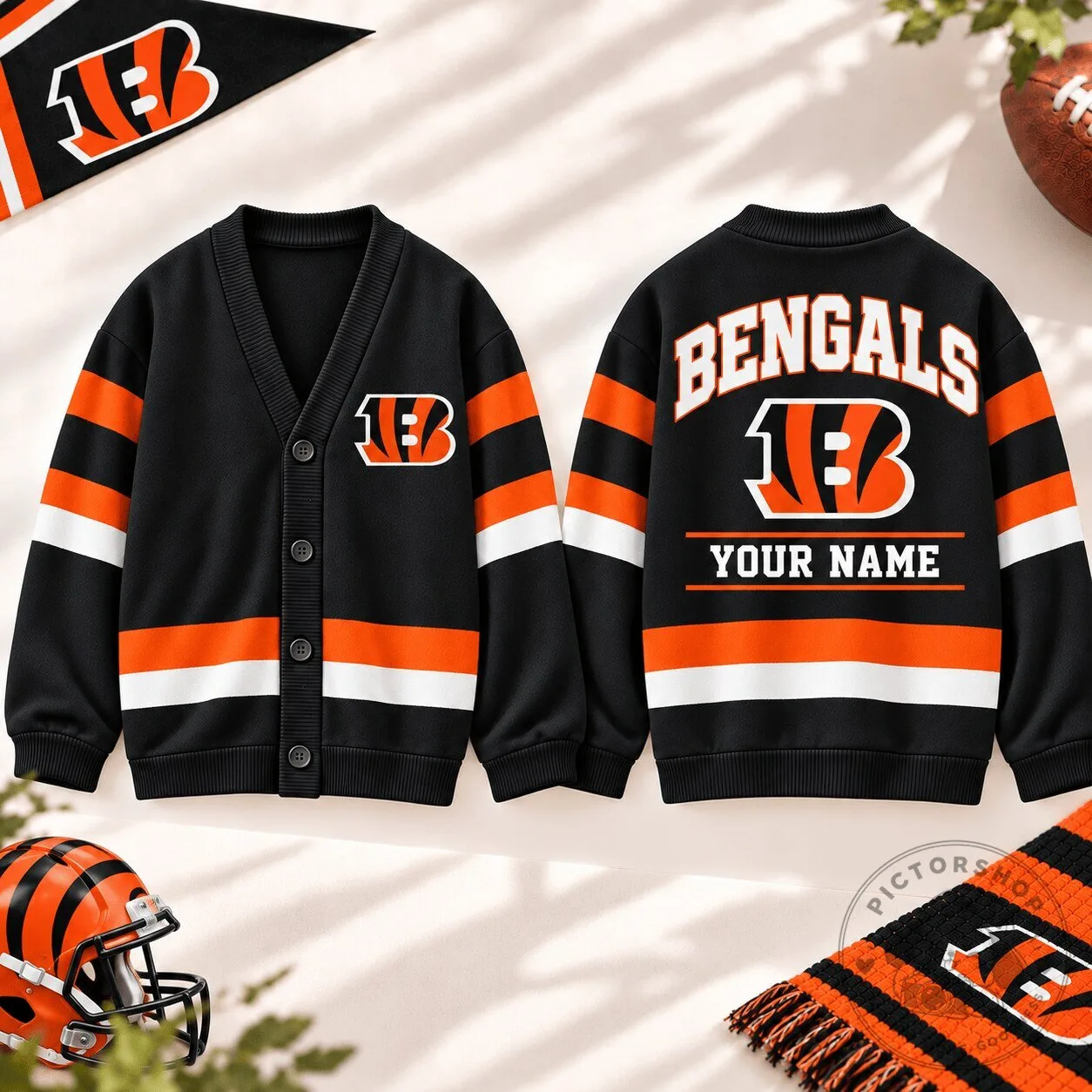 Cincinnati Bengals Personalized Black and Orange Striped Cardigan Sweater