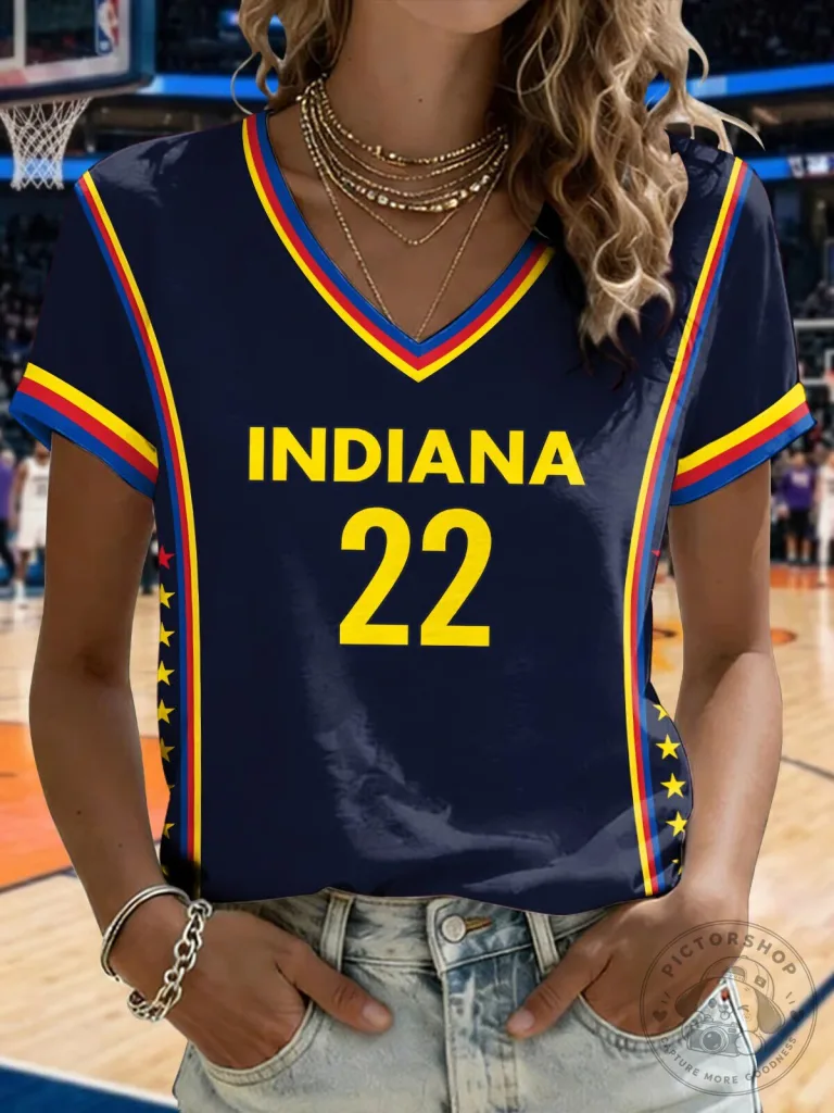 Indiana Basketball Fan Shirt for Women, V-Neck Short Sleeve T-Shirt with Number 22 21 Indiana Basketball Fan Shirt for Women, V-Neck Short Sleeve T-Shirt with Number 22