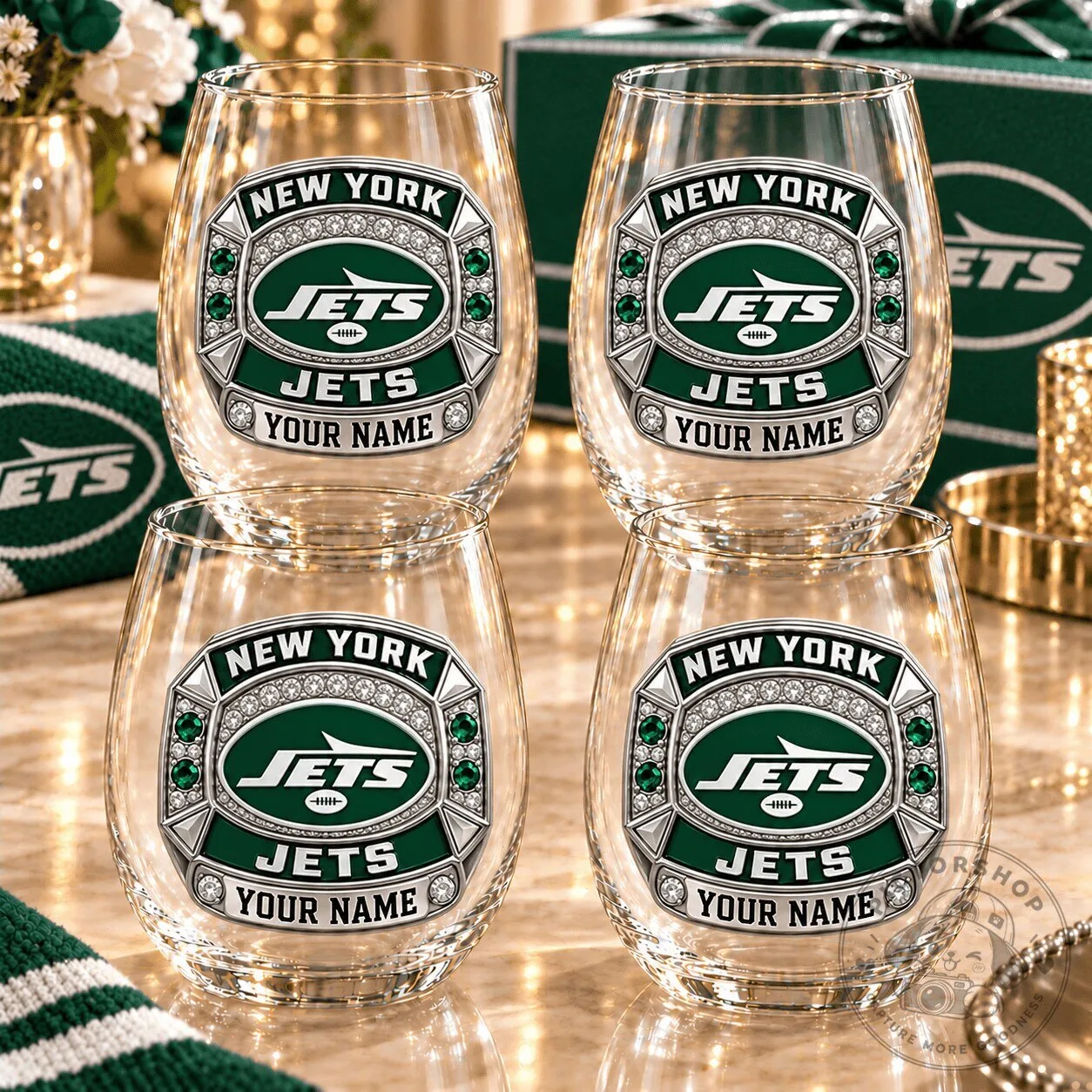 New York Jets Personalized Stemless Wine Glass Set of Four