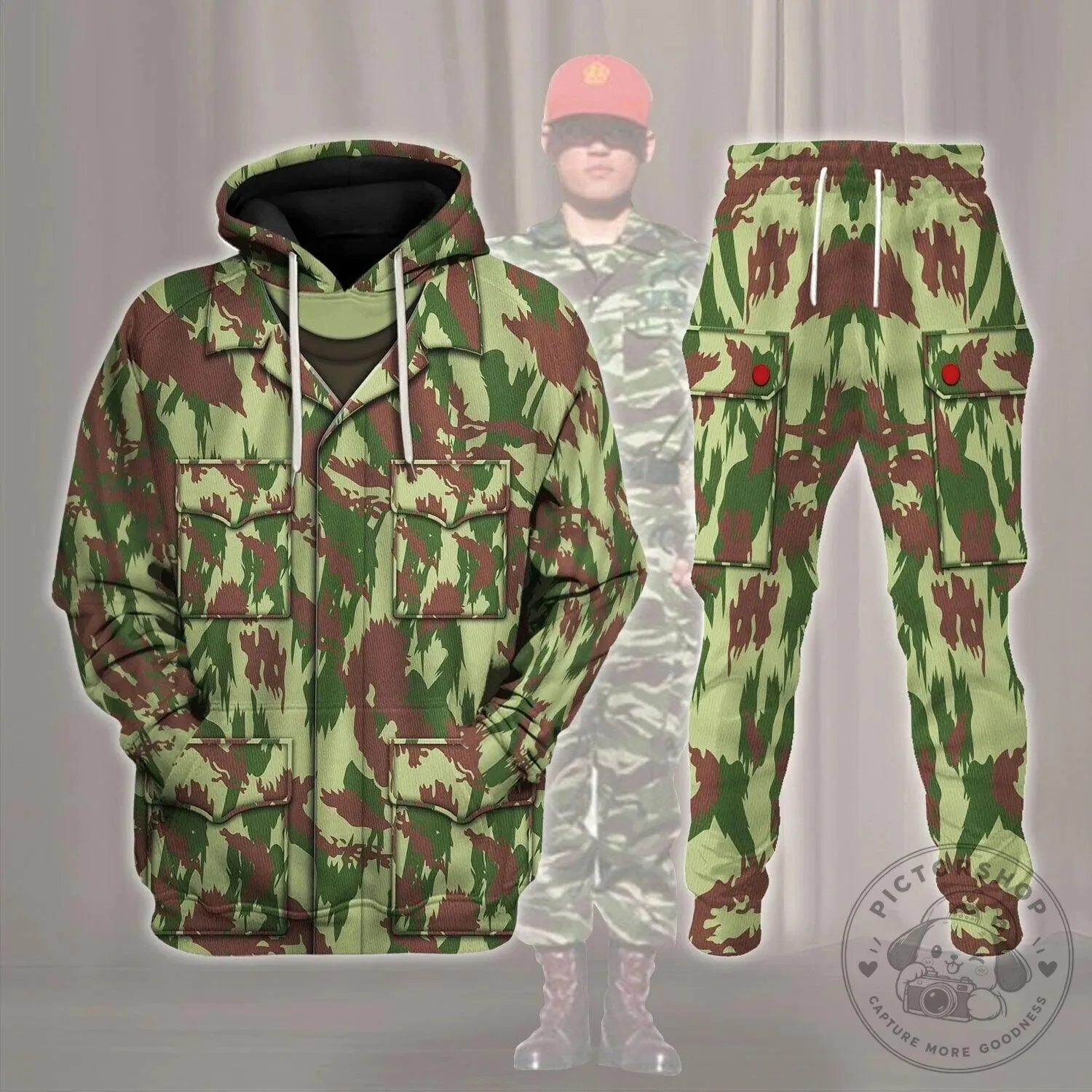Camouflage Lizard Pattern Military Style Hoodie and Pants Set