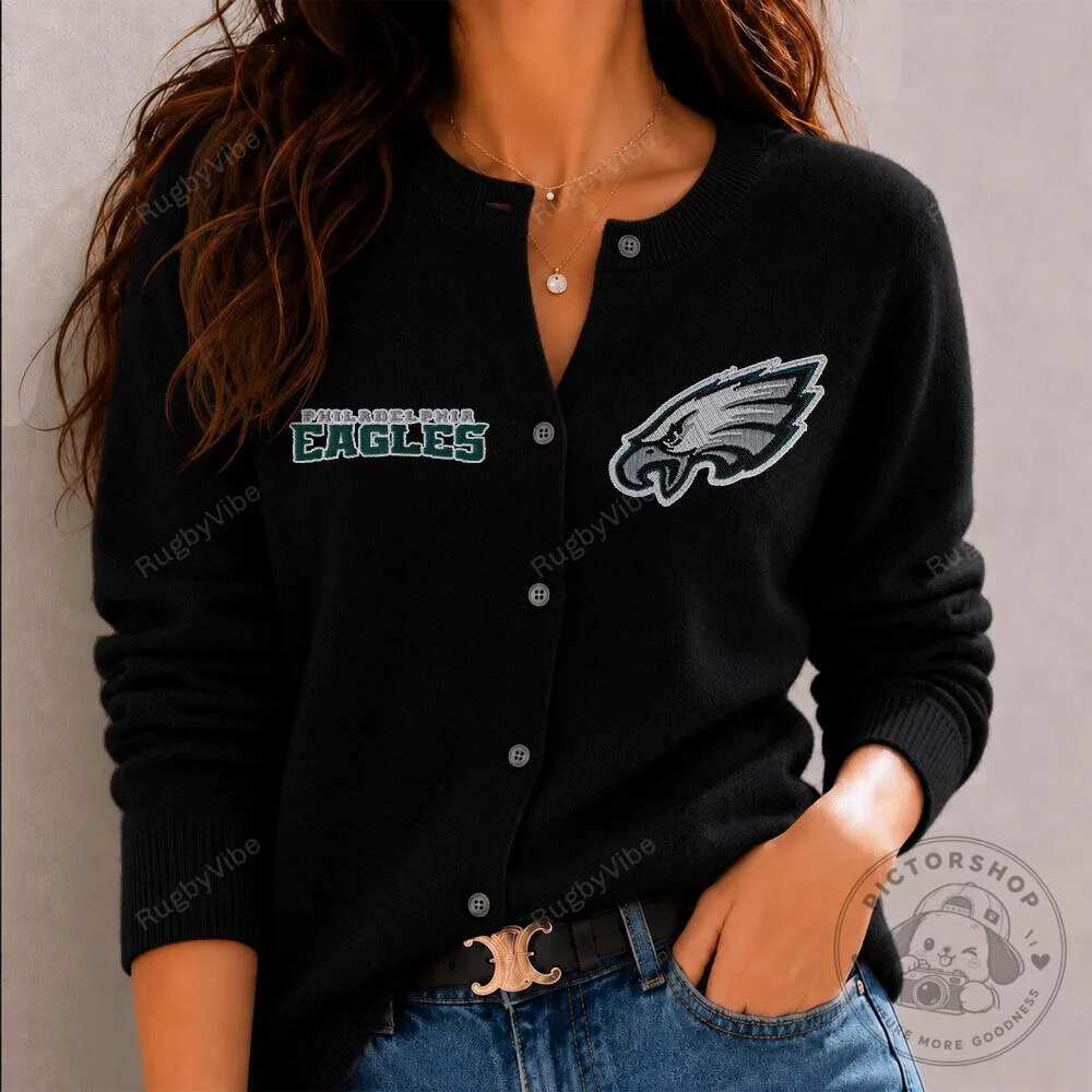 Philadelphia Eagles Embroidered Logo Black Button-Down Cardigan Sweater