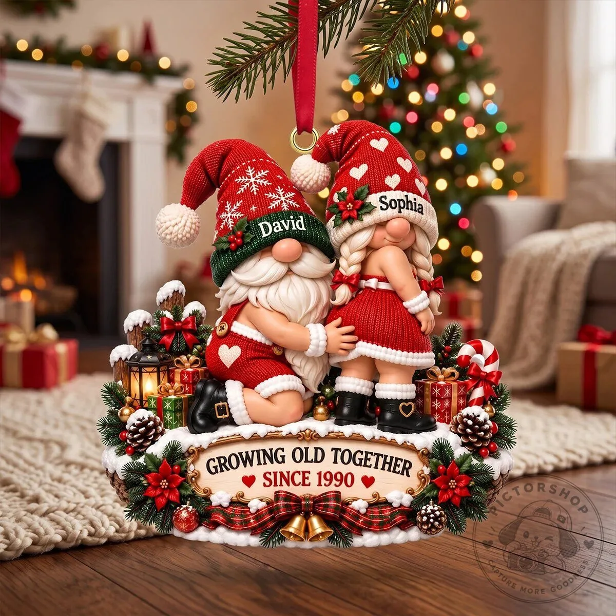 Personalized Christmas Gnome Couple Growing Old Together Since 1990 Ornament