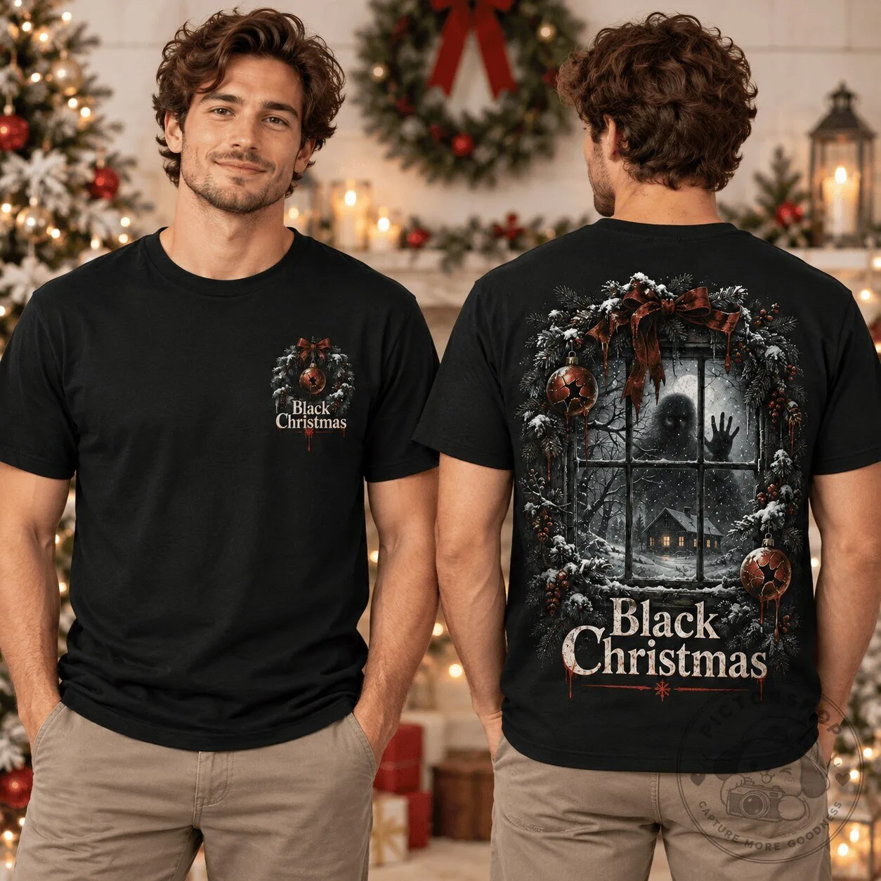 Black Christmas Horror Movie Wreath Window Scene T-Shirt