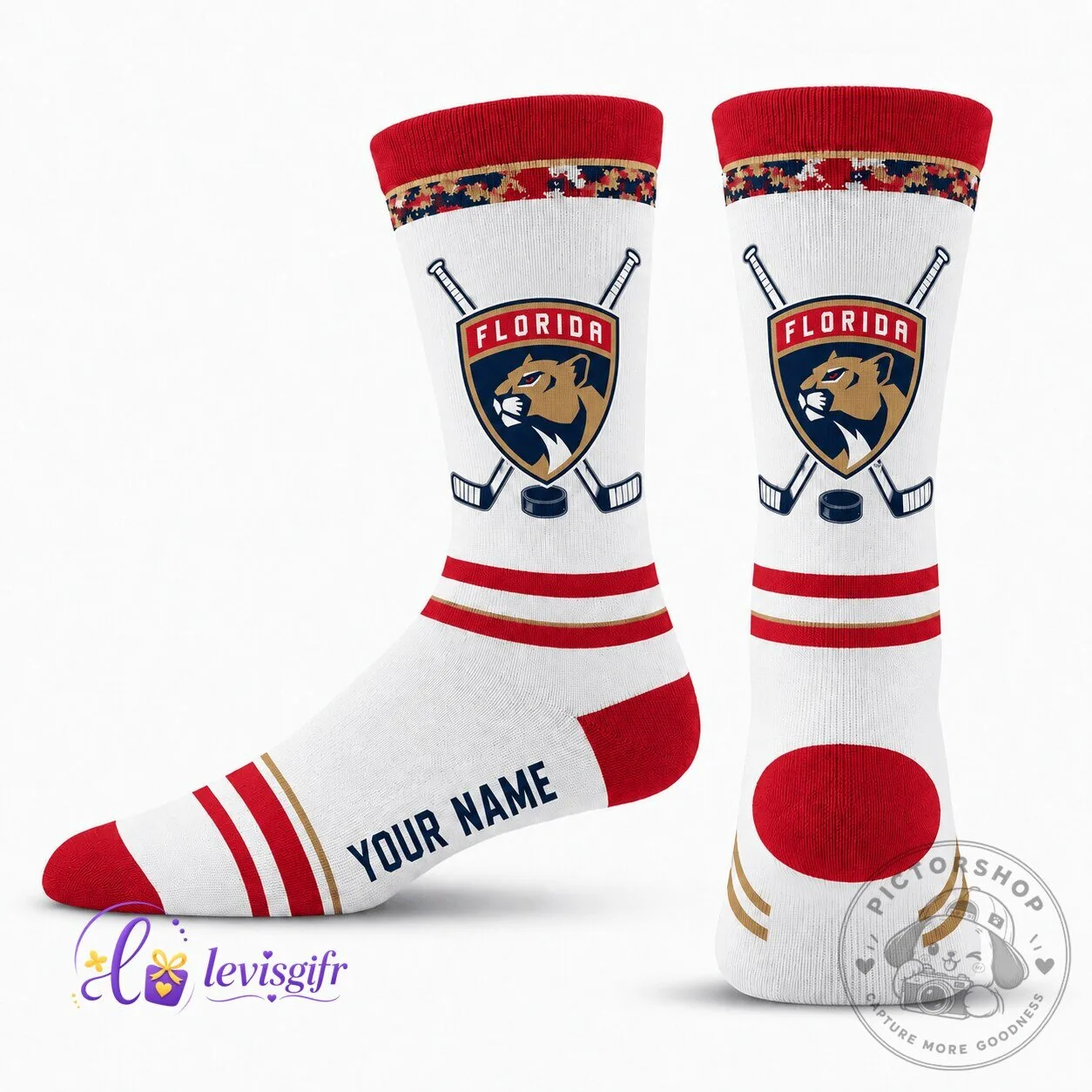 Florida Panthers National Hockey League Personalized White Striped Socks