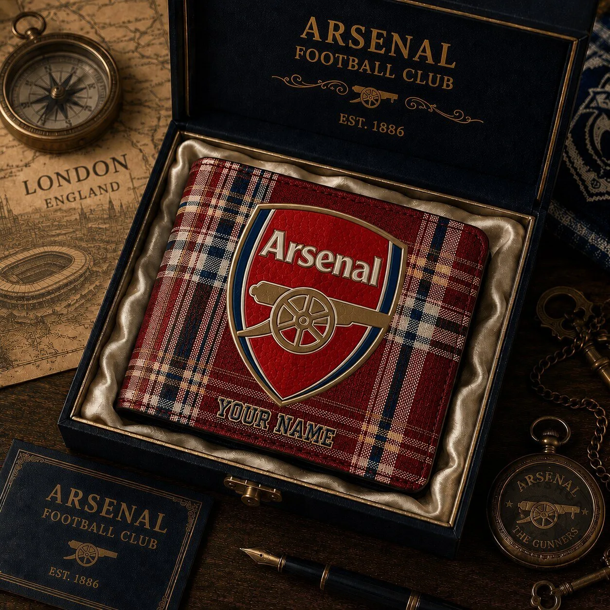 Arsenal Football Club Plaid Bi-Fold Wallet with Custom Name Engraving