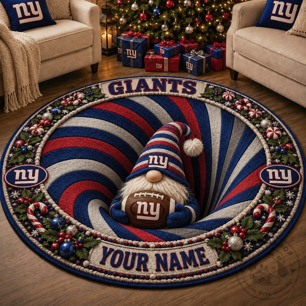 Personalized New York Giants Christmas Gnome Swirl Round Rug