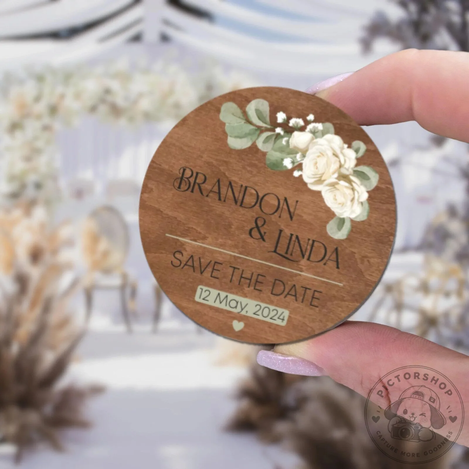 Personalized Wooden Save The Date Magnet with Floral Design for Wedding Favors