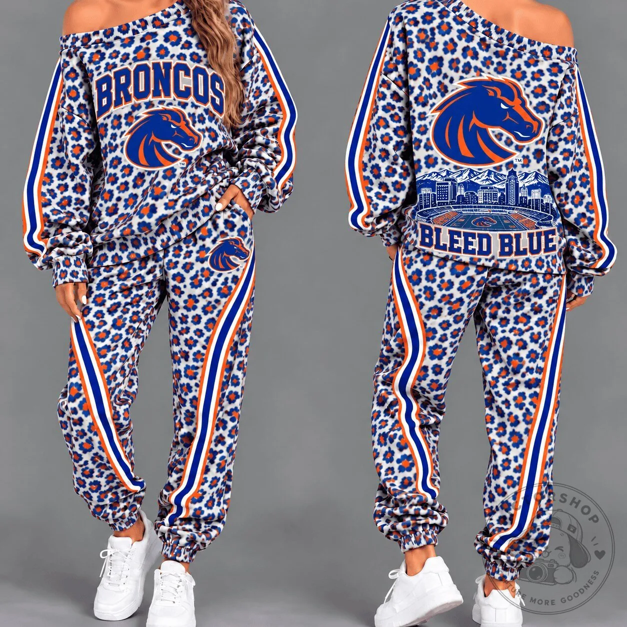 Boise State Broncos Women's Leopard Print Off Shoulder Tracksuit Set