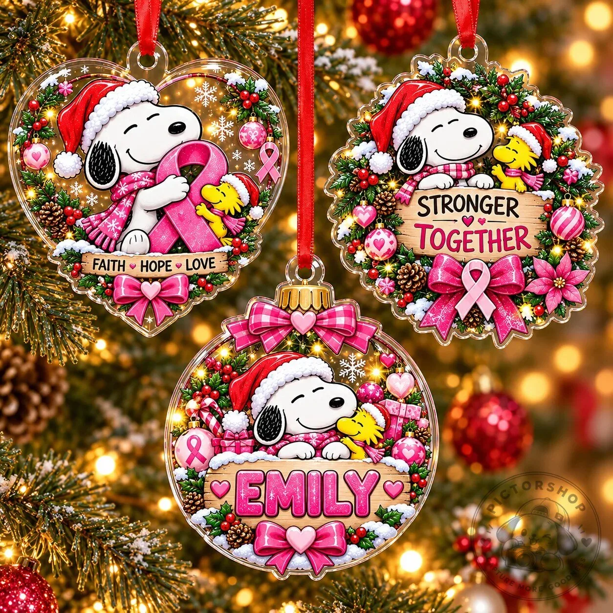 Breast Cancer Awareness Christmas Tree Ornament featuring Snoopy and Woodstock