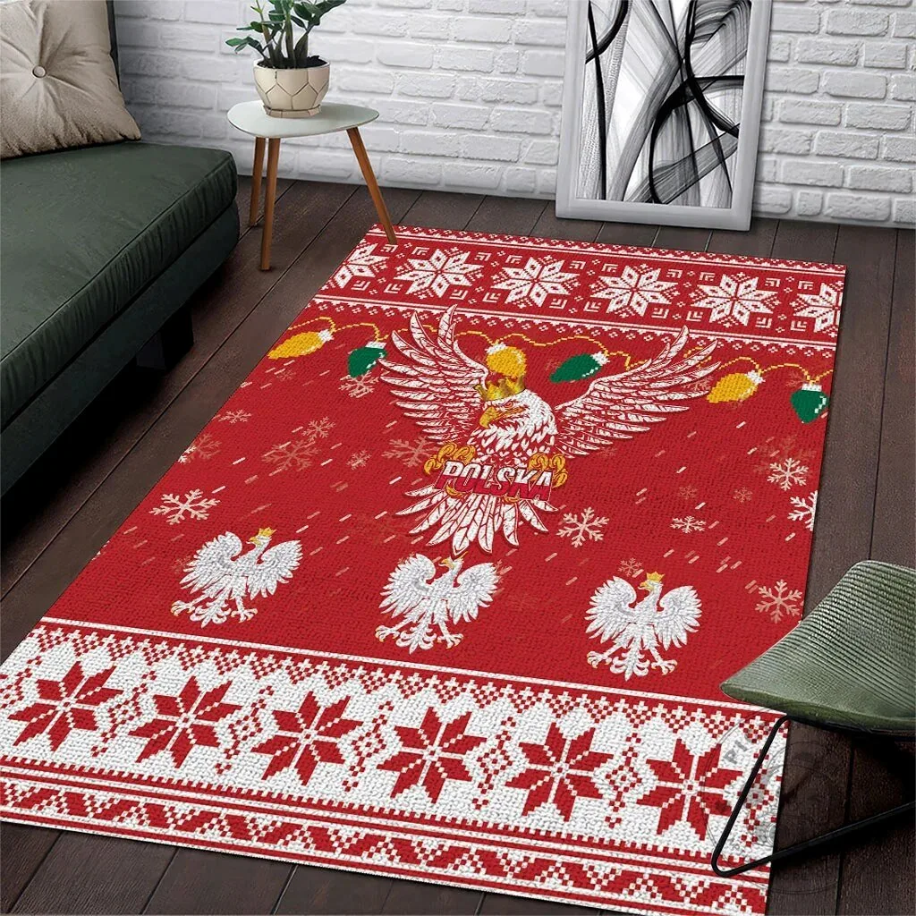 Poland Christmas White Eagle Holiday Snowflakes Red Pattern Area Rug
