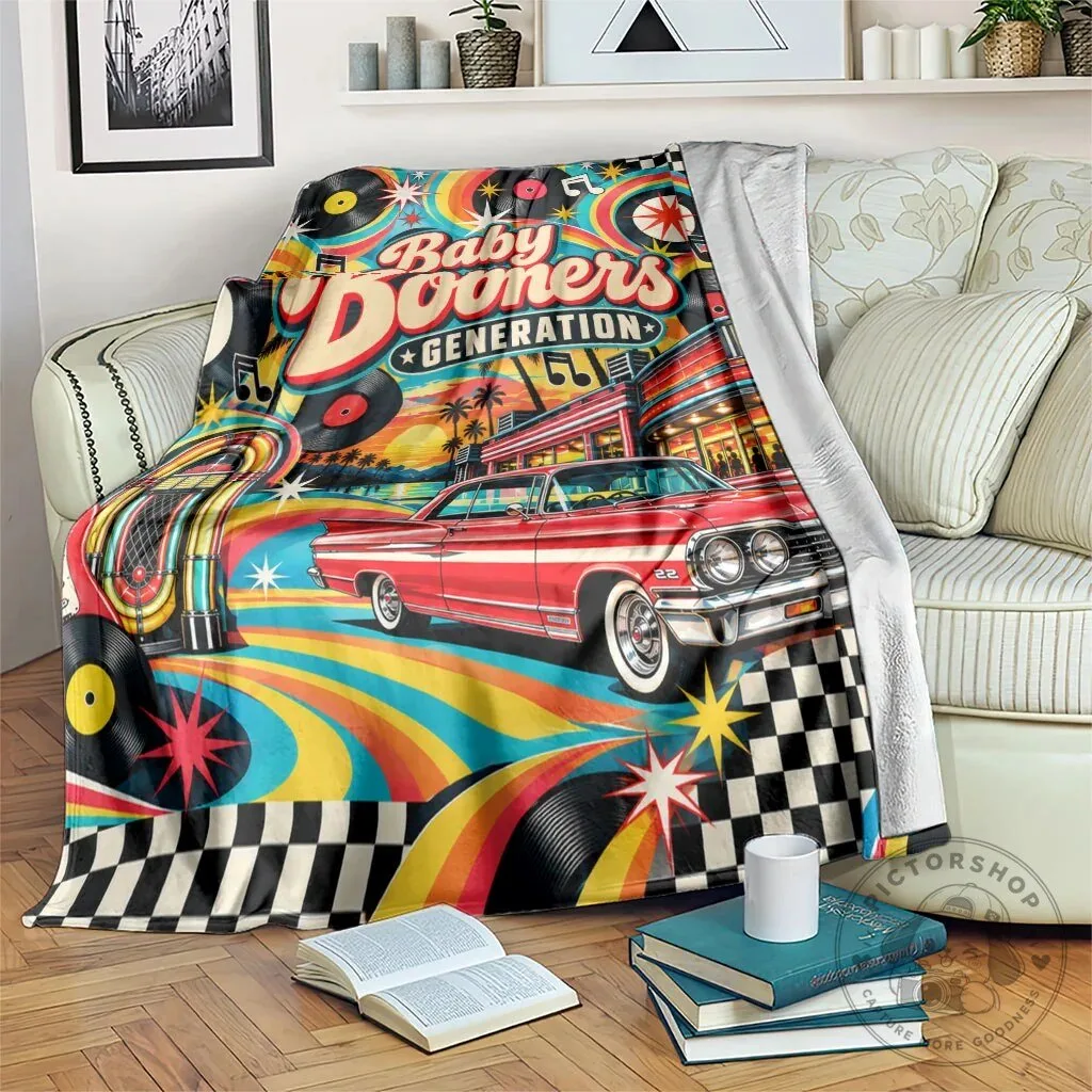 Baby Boomers Generation Vintage Retro Classic Car And Vinyl Records Blanket